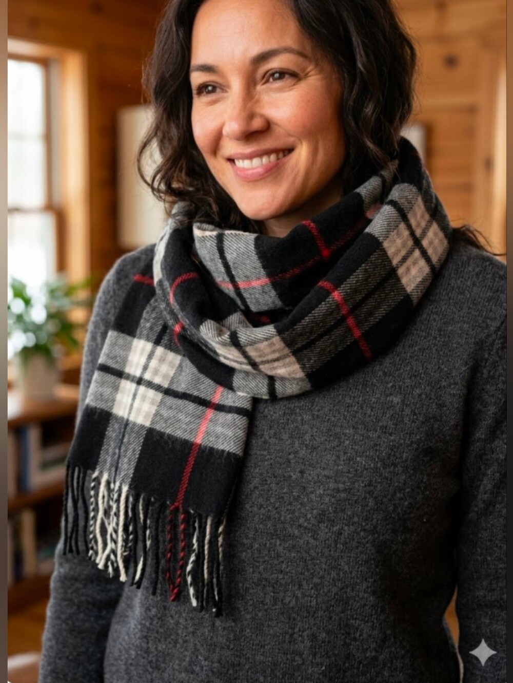 Black Red White Tartan Plaid Scarf With Fringe